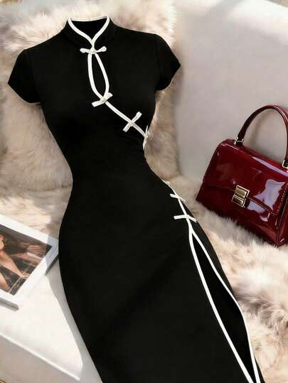 SHEIN PETITE CURVE Vestido con botones de Año Nuevo Chino para mujer de talla grande, elegante vestido de estilo chino nuevo, vestido largo con contraste de ribete, vestido largo con abertura, vestido largo con abertura, vestido negro y blanco de mujer con gran elasticidad, vestido ajustado, vestido cheongsam, vestido qipao