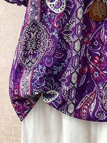 SHEIN LUNE CURVE Áo kiểu nữ cỡ lớn, màu trơn, cổ tròn, tay hai lớp, ngắn, kiểu dáng thường ngày, xếp ly, thời trang, đa năng, thích hợp cho kỳ nghỉ hè. - Màu tím - Xem 4