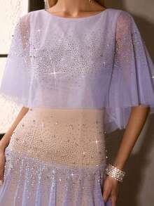 MOTF PREMIUM Đầm dạ hội xếp lớp lưới đính hạt cườm mới dành cho nữ, đầm maxi voan mỏng nhẹ với viền bèo nhún, đầm dạ hội cao cấp dành cho sàn diễn thời trang. - Màu tím hoa cà - Xem 5