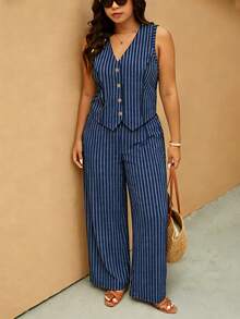 SHEIN Elaquor Conjunto de 2 piezas de camiseta sin mangas con botones delanteros a rayas y pantalones para talla grande, ideal para el verano - Multicolor - Ver 5