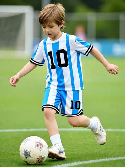 男童春夏短袖T恤短裤套装（两件套），蓝白配色，印有足球和数字图案，活力运动街头风，适合休闲和运动场合，柔软舒适的夏季运动服。