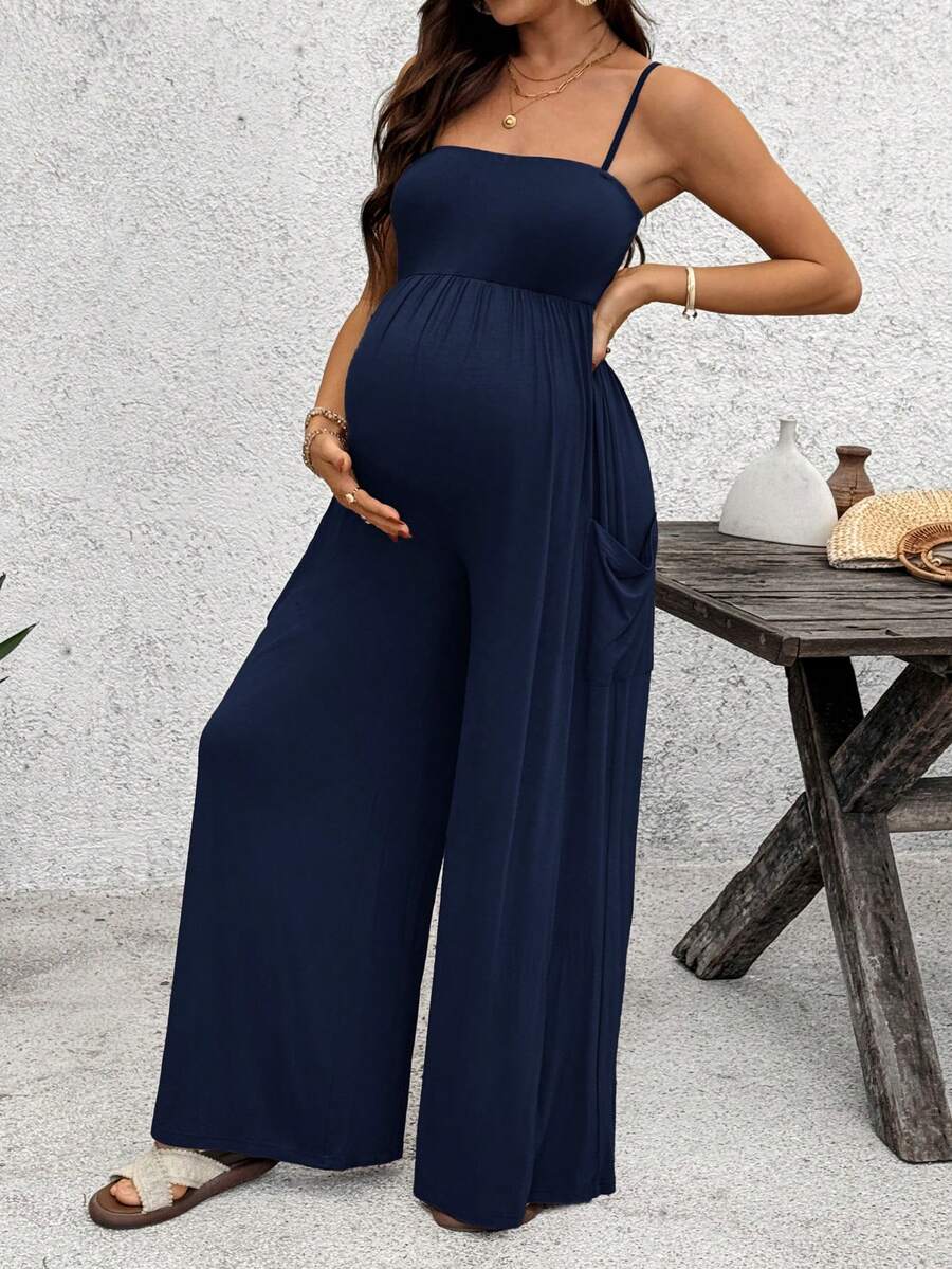 SHEIN 夏季孕妇纯色口袋休闲连体裤 - 寶藍色 - 查看 1