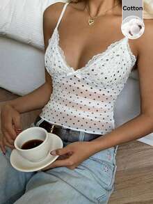 CovetEZ 波点休闲女式撞色蕾丝蝴蝶结装饰吊带背心 - 白色 - 查看 6