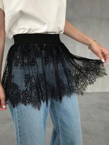 FRIFUL Women's Solid Color Minimalist Lace Skirt, Everyday Wear - Black - View 5