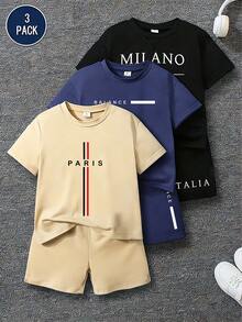 Souflis Souflis 3 sets/6 piezas Conjunto de camiseta de manga corta con estampado de eslogan y pantalones cortos casuales para niños, adecuado para uso diario, vacaciones, deportes, verano - Multicolor - Ver 7
