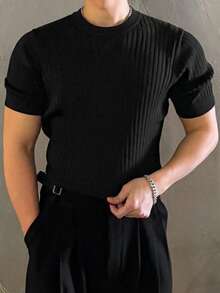 DAZY 男士纯黑色圆领短袖针织上衣 - 黑色 - 查看 4
