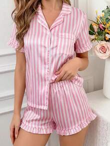 Girls Pajamas, Elegant & Comfortable Soft Satin Pink & White Striped Ruffle Trim Short Sleeve Cardigan & Shorts 2 Pieces Sleepwear Set - Multicolor - View 5