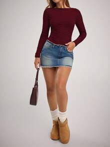 SHEIN Forever 21 Áo thun dài tay in họa tiết sọc thường ngày dành cho nữ - Đỏ - Xem 3