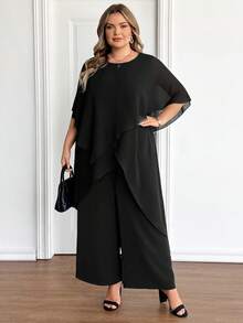 SHEIN CURVE+ 大码女式休闲纯色上衣和裤子两件套 - 黑色 - 查看 4