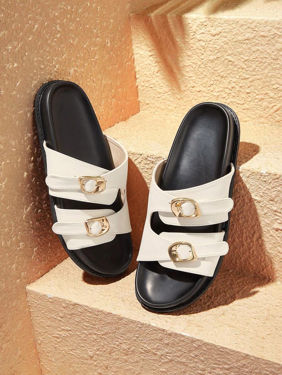 HighSole Ladies Fashion Wide Thickened White Double Buckle Casual Home Flat Sandals - White - View 1