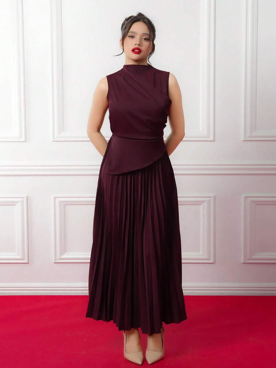 Criza Taa Women's Elegant Ruffle Sleeveless Swing Neck A-Line Dress/Umbrella Skirt/Back To School/School Clothes /Party/Old Money Style Women/Going Out Outfits / Party Outfit Women/Office Outfits For Women/Imitation Apricot Skirt - Burgundy - View 1