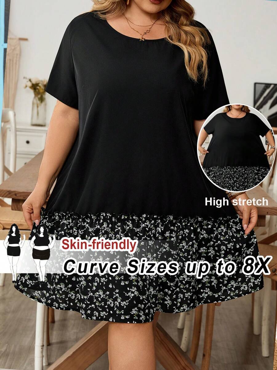 SHEIN CURVE+ Plus Size Women's Ruffled Hem Ditsy Floral Casual Dress, Summer - Multicolor - View 1