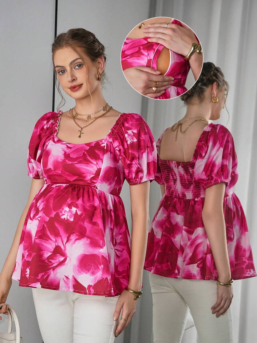 Momance Maternity Top With Ruffle Collar, Short Sleeves, Gathered Back, Zippered Front, A-Line Hem, Digital Printed - Hot Pink - View 1