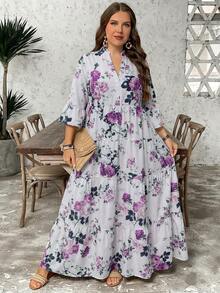 SHEIN LUNE 大码女式碎花V领七分袖宽松休闲连衣裙 - 彩色 - 查看 4