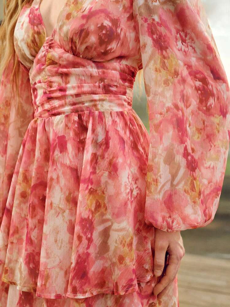 WOMEN'S PRINTED DOUBLE-LAYER RUFFLE HEM SHORT DRESS