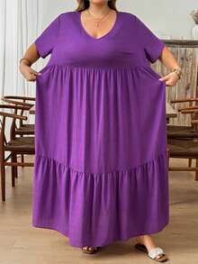 SHEIN CURVE+ Váy maxi cỡ US22 dành cho lễ hội âm nhạc, kỳ nghỉ bên bờ biển, phong cách boho, trang phục nghỉ dưỡng mùa hè/đồng quê/bãi biển/trang phục đi biển. - Màu tím - Xem 3