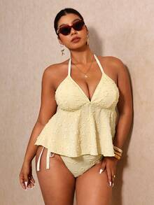 Elaquor Plus Size Contrast Trim Halter Backless Tankini Set Yellow Swimwear For Women Two Pieces Bathing Suit Tops Woman Summer Beach Vacation - Light Yellow - View 4