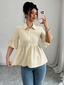 Elenzga Blusa casual de mujer con mangas con volantes de unicolor, para verano - Albaricoque - Ver 5