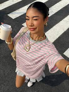 Muchica 女款休閒對比條紋印花T恤，可愛夏季女裝上衣，日常穿搭好選擇 - 粉色 - 查看 4