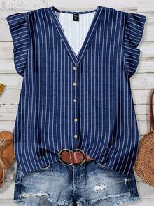 EMERY ROSE Camicia casual a righe con maniche a volant, adatta per l'estate, taglie comode - Multicolore - Visualizzare 1
