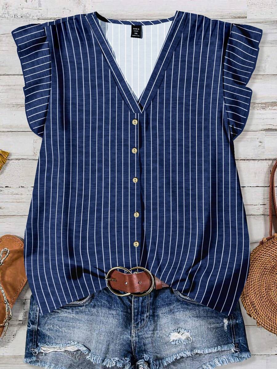 EMERY ROSE Camicia casual a righe con maniche a volant, adatta per l'estate, taglie comode - Multicolore - Visualizzare 1