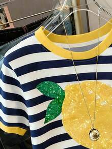 Plus Size Women Round Neck Striped Fruit Pattern Casual Versatile Daily Wear Short Sleeve T-Shirt - Multicolor - View 5