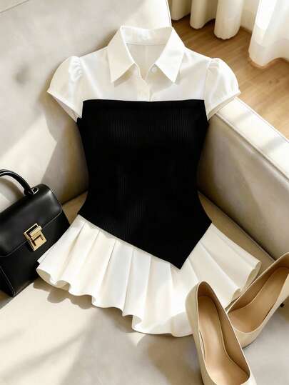 SHEIN Franclia Áo sơ mi nữ cơ bản, ôm eo, tay ngắn, phối màu tương phản, thích hợp cho công sở.