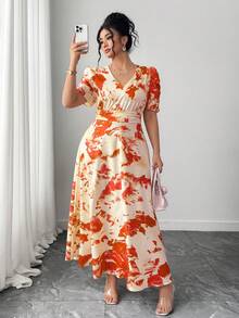 Vestido entallado y acampanado con cuello en V fruncido y mangas abullonadas para tallas grandes - Naranja Coral - Ver 4