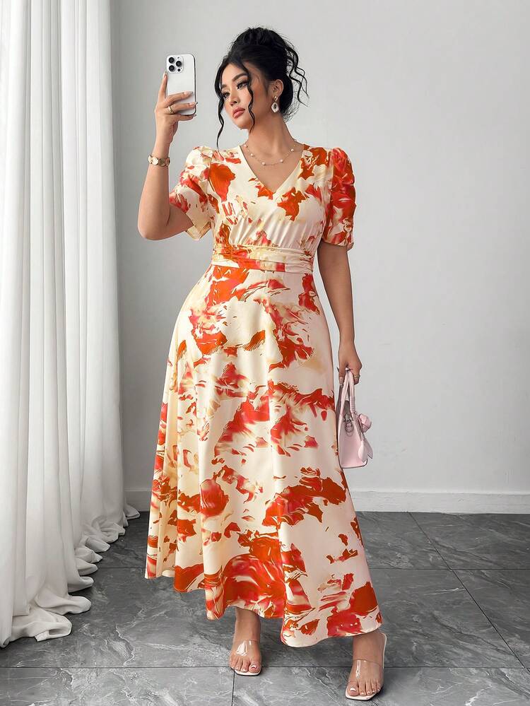 Elenzga 公主袖V领褶裥优雅连衣裙 - 珊瑚橙 - 查看 4