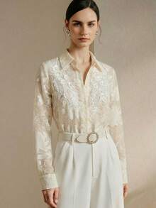 Spring/Summer New Delicate Floral Embroidery & Beaded Decoration Symmetrical Applique Women Long Sleeve Blouse - Beige - View 7