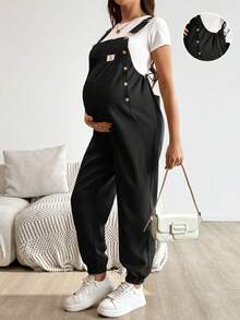 SHEIN Pregnant Women Casual Daily Pocket & Button Decor Jumpsuit - Black - View 8