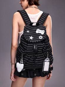 ROMWE Grunge Punk 1Pc Medium Gray Punk College Style Cat Paw Print Star Earphones Guitar Cat Card Cover Decorative Design Contrasting Color Multi-Pocket Striped Backpack, Fashionable And Casual Unisex Large-Capacity Backpack, Suitable For Commuting, School, Vacation And Other Matching Single Items - Medium gray - View 5