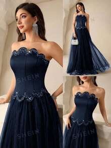Coutiva Vestido de gala maxi de mujer con parches de malla con incrustaciones de diamante de imitación (bordado pesado) - Azul Marino - Ver 3