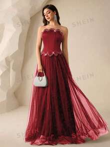 Coutiva Women's Rhinestone Embellished Mesh Patchwork Maxi Formal Gown (Heavy Embroidery) - Burgundy - View 8