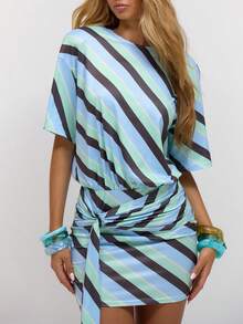 MUSERA Gestreiftes Minikleid mit Bindegürtel, Strandfeststival Frühling Sommer Urlaub Elegant Klassisch Abendausgang Dating - Verschiedenfarbig - Übersicht 2