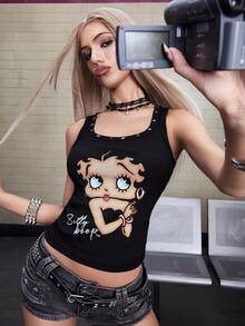 Betty Boop | ROMWE Y2K 联名性感星形金属铆钉紧身背心 - 黑色 - 查看 3