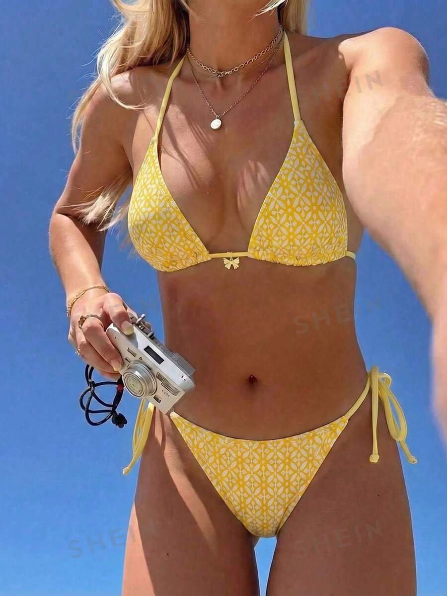 Swim Mod Women's Textured Halter Neck Triangle Bikini Set With Side Tie, Suitable For Beach Golf Seaside, Spring/Summer White Sexy - Yellow - View 1
