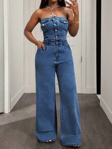 SHEIN Slayr Áo liền quần denim kiểu dáng thường ngày cài nút dành cho nữ, thích hợp cho kỳ nghỉ. - Rửa trung bình - Xem 5