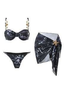 Swim Oasis 夏季三件套女士沙滩装：大理石纹比基尼上衣（肩带可调节）、配套泳裤和饰有金色海星的纱笼裙。优雅性感的沙滩装扮 - 黑色 - 查看 4