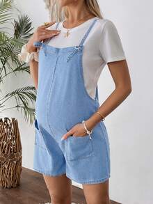 SHEIN Quần yếm denim màu xanh dương dành cho bà bầu - Rửa nhẹ - Xem 4