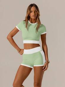 Aralina Leisurewear Activewear Set With Contrast Colours Cute Summer Top And Bike Shorts Combo Perfect For Summer Vacation Outfits Or Airport Outfit For Women - Mint Green - View 7