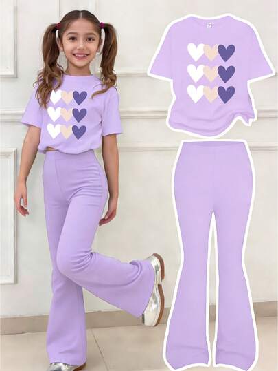 女童及青少年紫色爱心印花短袖T恤和高腰喇叭裤两件套，时尚别致，韩版休闲运动装，适合春、夏、秋季穿着。