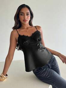 Aloruh Women's Elegant Sexy Lace Patchwork Satin Camisole,Summer Top - Black - View 6
