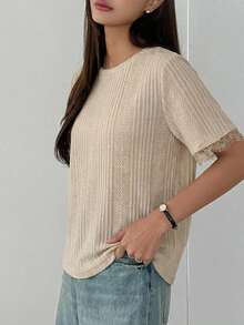 DAZY 女款夏季圓領短袖蕾絲拼接休閒套頭T恤商務休閒女裝 - 卡其色 - 查看 3