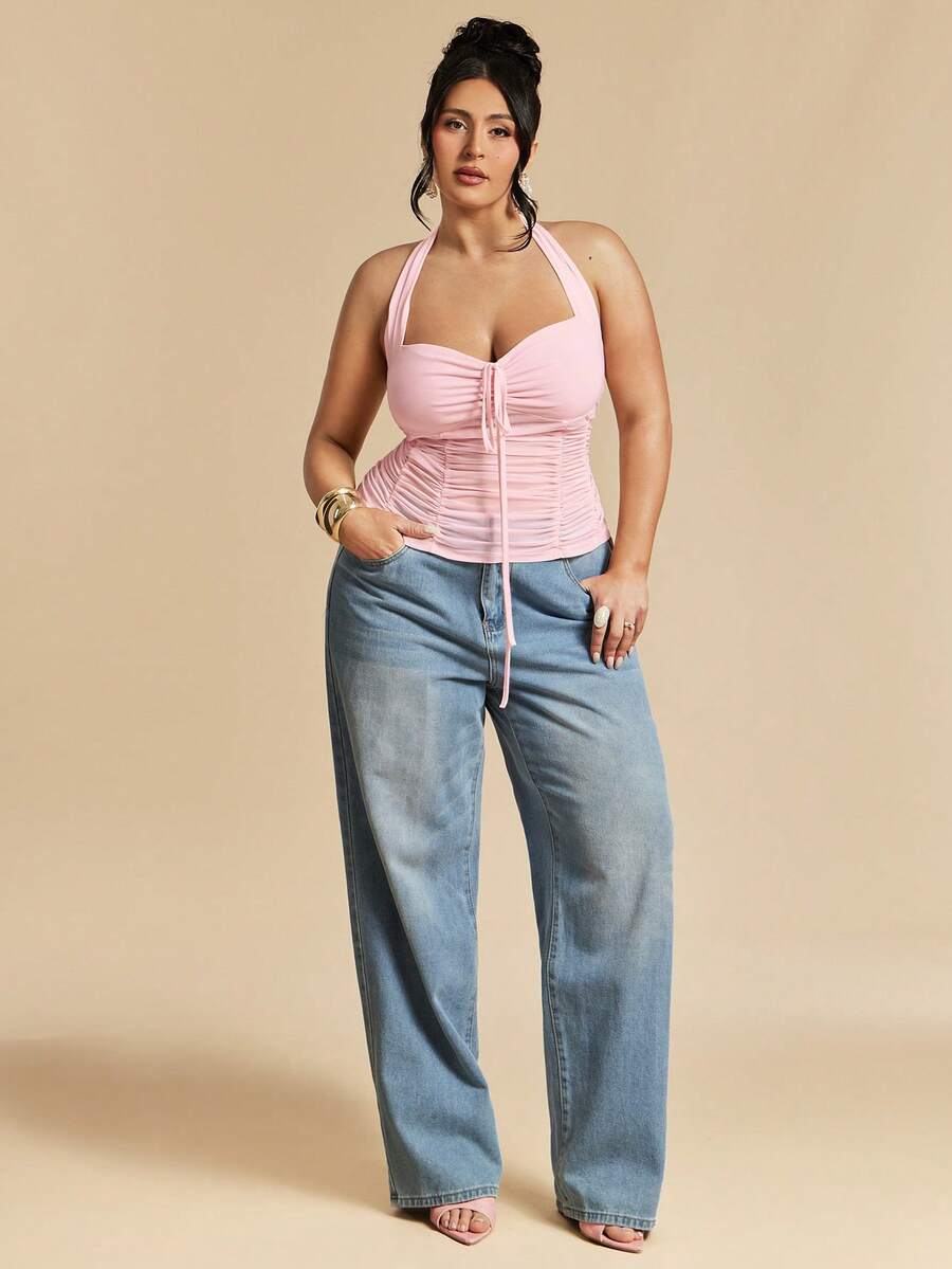 SHEIN BAE Áo thun nữ cỡ lớn mùa hè, kiểu dáng thường ngày, đi nghỉ mát, đi làm, màu trơn, xếp ly, ôm sát, hở lưng, cổ yếm.