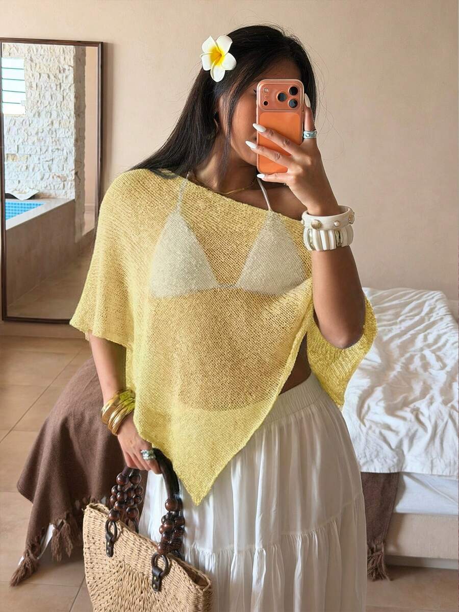 Sunnyshic 女士绿色镂空极简薄纱休闲度假风针织罩衫,夏季 - 黃色 - 查看 1