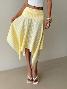 2026 Nuevo Falda midi a cuadros con bajo asimétrico, nuevo look primavera/verano para mujer, estilo retro Y2K - Amarillo - Ver 5