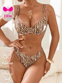 Swim DD+ 26SS 女士优雅浪漫性感斑马纹比基尼套装，专为 DD+ 胸型设计，带钢圈聚拢支撑，可拆卸衬垫，适合海滩、下午茶、派对、日常穿着、休闲、户外运动等场合，时尚百搭。 - 卡其色 - 查看 4