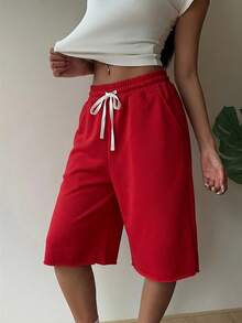 SHEIN EZwear 红色休闲加大码女式短裤 - 紅色 - 查看 6