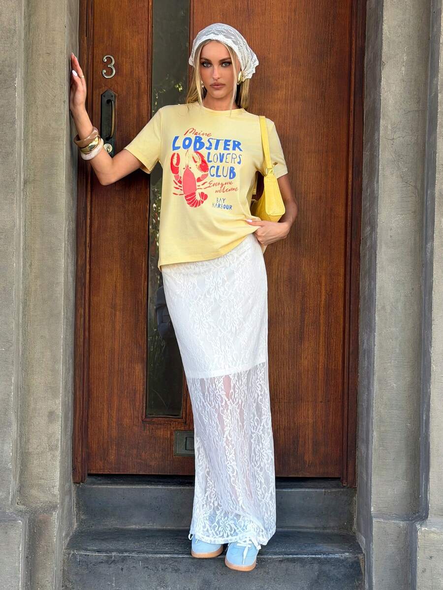 MainGRL Women's Light Yellow White 2-Piece Set Lobster Print Cotton T-Shirt And Lace Maxi Skirt For Summer, Casual Sexy Vacation, Beach Golf Travel, Shopping - Yellow - View 1